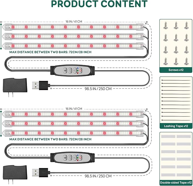 3-Bar Grow Light Strips for Indoor Plants 16 Full Spectrum Plant Lights 6500K Sunlike Grow Lights with 6/12/18H Timer 5-Level Dimmable for Indoor Growing(2 Pack)