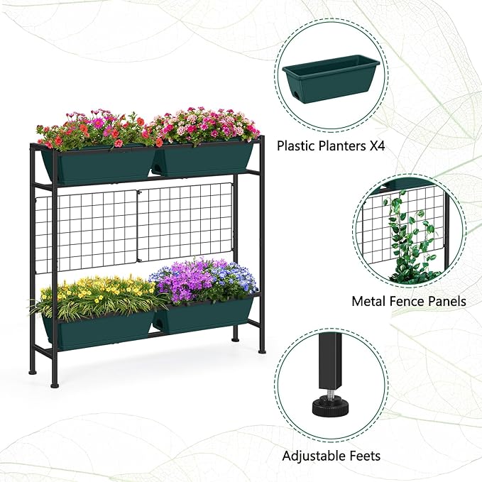 Raised Garden Beds 32.4 Tall Vertical Planter Boxes with Trellis Standing Herb Garden Planter Outdoor with Metal Fences Legs for Small Climbing Plant Gardening Vegetables Patio Balcony Porch Green