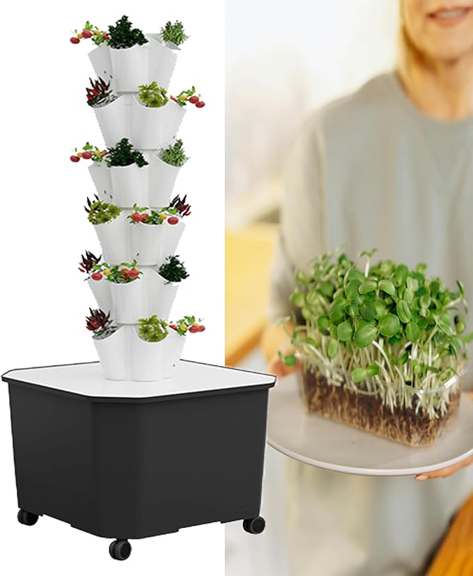 6/8/10/12 Layers Hydroponics Growing Sys-tem Indoor Garden Hydroponic Tower Growing Sys-tem Indoor Vertical Gardening Grow Kit with Pump and Movable WaterWhite-6LAYERS