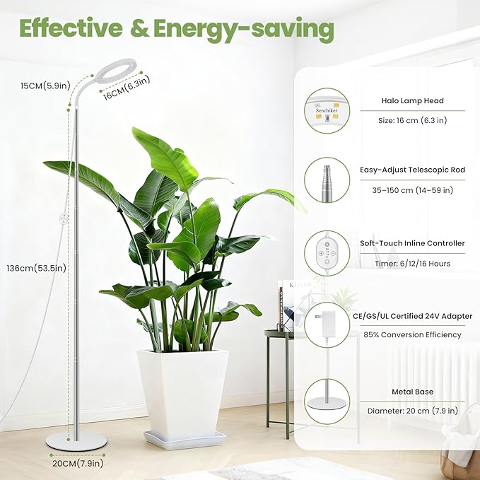Grow Lights for Indoor Plants 24V 660nm-Enhanced Full Spectrum LUMILEDS LED Plant Light 6.3in Grow lamp with Timer &amp Dimming Adjustable Height 14-59in 15W 260μmol/s/m²@15cm(6in) J15-W