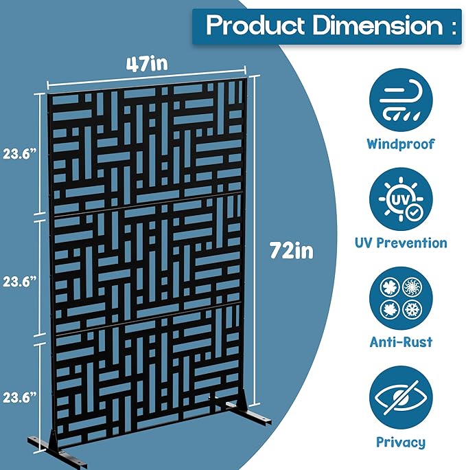Metal Privacy Screen 72 H x 47.2 Decorative Outdoor Privacy Screen Privacy Panel with Stand for Balcony Deck Patio Lawn Garden Privacy Fence (Black-Street)