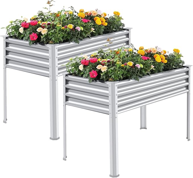Land Guard 2 Pack Galvanized Raised Garden Bed with Legs 48×24×32in Large Metal Elevated Raised Planter Box with Drainage Holes for Backyard Patio Balcony 700lb Capacity