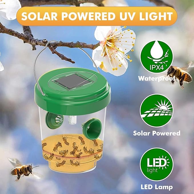 Wasp Traps for Hunting Wasps Bees Hornets Insects Yellow Jacket Traps Wasp Trap Catcher Reusable Solar Powered Hanging for Outdoor 4 Packs
