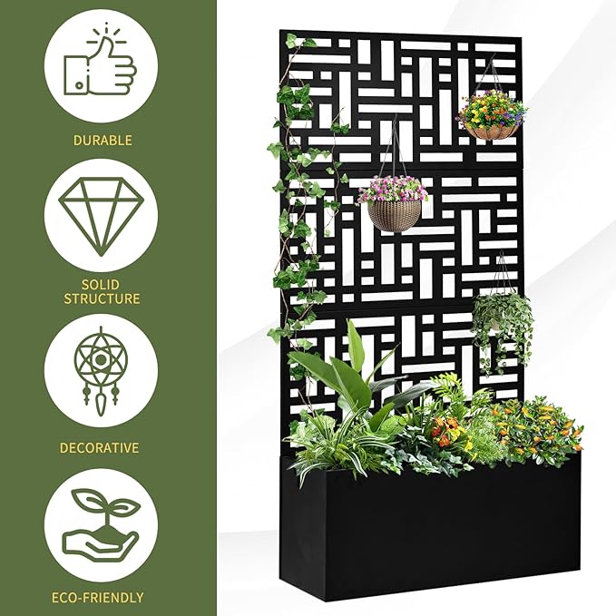 70 Black Metal Raised Garden Bed with Trellis Modular Planter Box System for Customizable Growing Walls Connect Multiple Units for Continuous Vertical Garden Rust-Proof Steel