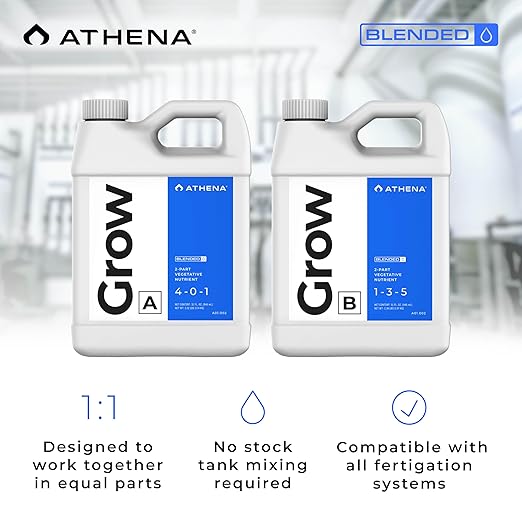 Athena Blended Grow A&ampB | 2-Part Vegetative Liquid Fertilizer for Hydroponics &amp Soil | Plant Food for Veg Stage Growth | NPK A 4-0-1 | B 1-3-5 | 32 Ounce
