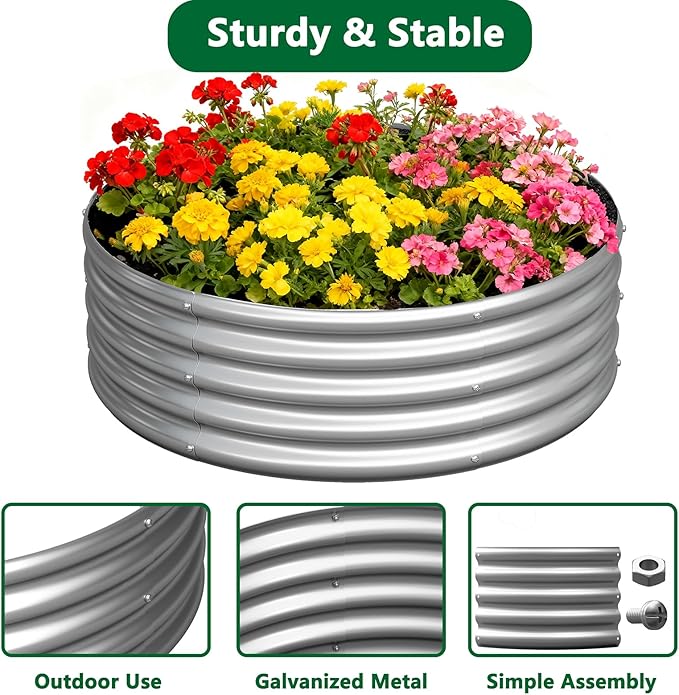 zizin 2 Pack Galvanized Raised Garden Bed Metal Round Raised Garden Beds Outdoor Planter Box for Vegetables (2FT Silver)