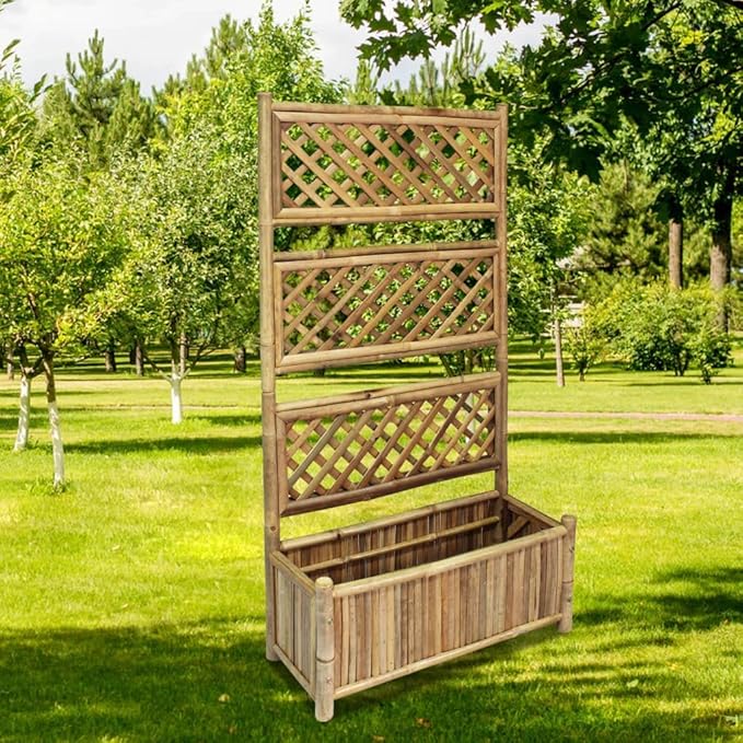 Garden Raised Bed with Trellis Bamboo 27.6 Outdoor Flower Plant Box | Planter Boxes for Growing Vegetables &amp Herbs Vertical Gardening