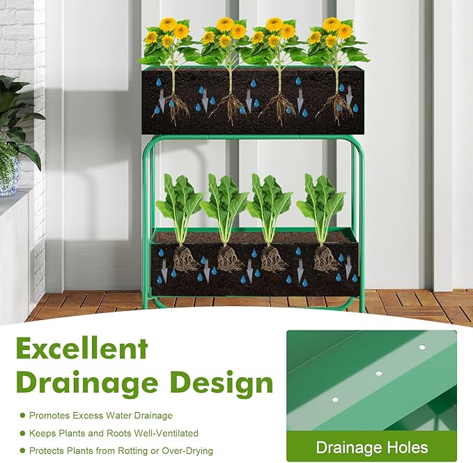 Raised Garden Bed with Legs - 2-Tier Elevated Garden Bed for Balcony Backyard Patio Outdoor &amp Indoor Metal Standing Garden Planter for Vegetables Flower(Green)