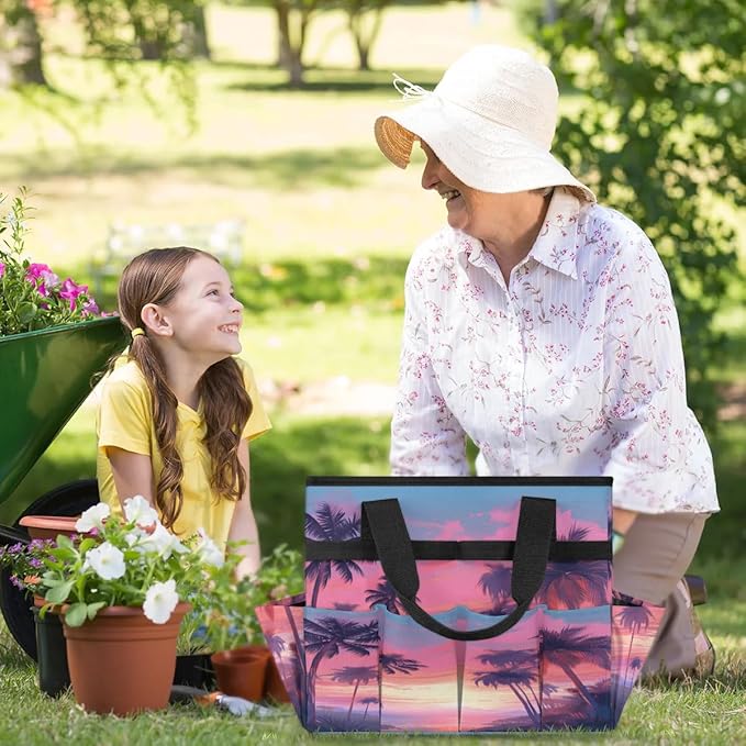 Coconut Tree Evening Sunset Garden Tool Bag Waterproof Garden Tool Storage Bag Heavy Duty Oxford Gardening Tool Bag with Handle &amp 10 Pockets for Men Women Outdoor Garden Lawn Yard