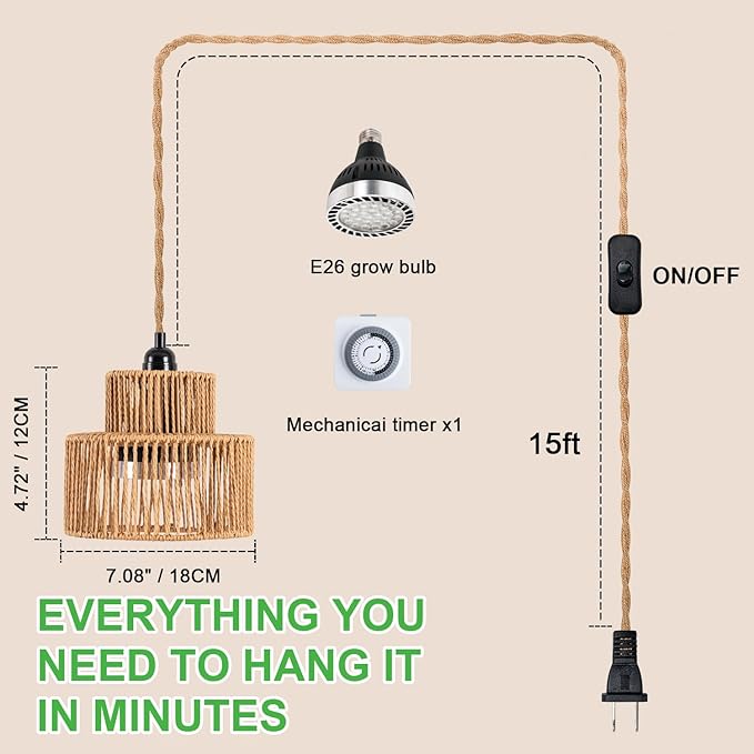 LED Plant Growth Light 30W Full Spectrum Indoor Suspended Lamp 4000K with Timer 15FT Power Cord for Tall Leafy and Flowering Plants