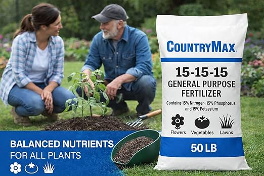 CountryMax 15-15-15 All Purpose Fertilizer 50 lb Bag Balanced Nutrition for Flowers &amp Vegetable Beds Raised Gardens Lawns &amp Grass Supports Soil Health and Consistent Growth