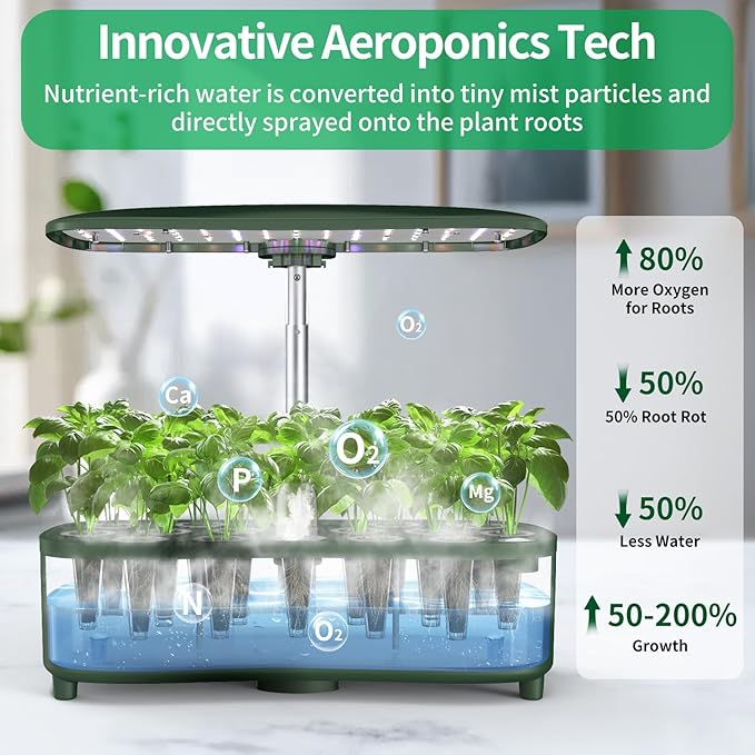 Hydroponics Growing System Kit Indoor Aeroponics Herb Garden Kit 15 Pods 3 Grow Modes 24H Timer Gardening System Quiet Smart Water Pump Hydroponic Planter Summer/Winter Use (Dark Green)