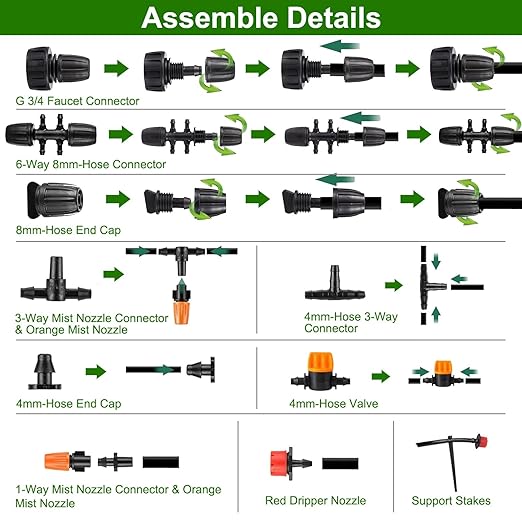 164FT Drip Irrigation System Kit Automatic Garden Watering Misting System DIY Automatic Irrigation System for Garden Greenhouse Flower Bed with 8mm/4mm Tubing Hose and Accessories