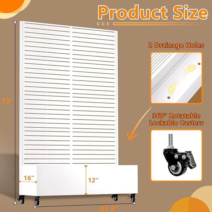 Metal Planter Box with Trellis 72.1x47.2x16 Outdoor Galvanized Raised Garden Bed with Privacy Screen &amp Drainage Holes &amp Lockable Casters for Climbing Plants Vegetable (White-Louvered)
