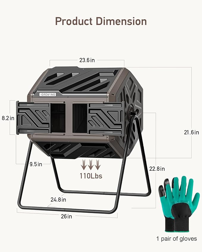 THEGROW'ING Updated 43 Gallon Compost Bin Outdoor Fast Assemble Tumbling Composter Dual Chamber Composter Tumbler Rotating Compost Bin for Outside Backyard Garden and Yard Coffee