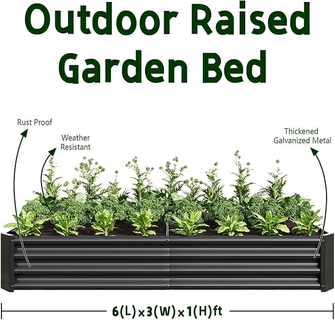 Metal Raised Garden Bed Outdoor Galvanized Raised Garden Bed 6×3×1ft Rectangle Planter Raised Beds Raised Planter Box for Gardening Vegetables and Flowers Black