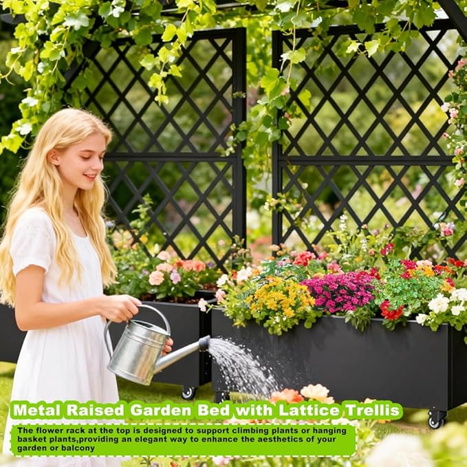 Metal Planter Box with Privacy Screen TrellisGalvanized Raised Garden Bed On Wheels for Climbing Plants Vines Standing Garden Flower Bed with Drainage Holes (Black 35 L x16 W x 55 H)
