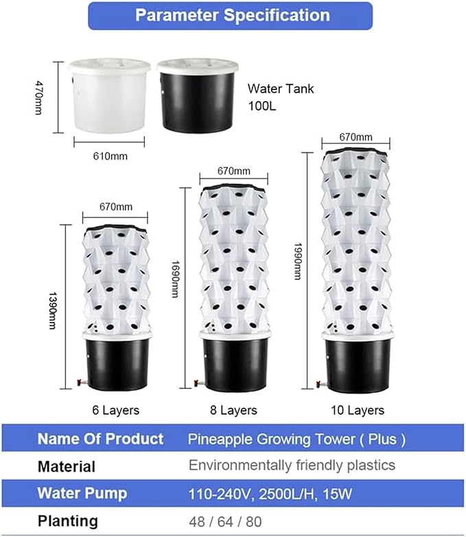Tower Garden Hydroponics - 6/8/10 Cultivation System Vertical Hydroponic Tower with 100 L Water Tank Air -Cultivation Kit Herbal Germination Kit for Smart Garden