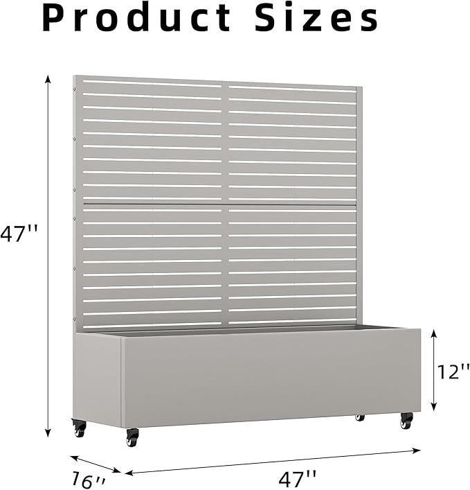 Casaphoria Metal Raised Garden Bed with Trellis and Wheels 47x47x16 Planter Box for Climbing Plants Vegetables &amp Vines Features Drainage Holes and Privacy Screen (Grey-Louvered)