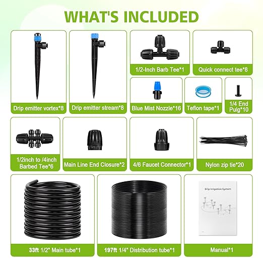 230FT New Quick-Connect Drip Irrigation System Kit Automatic Garden Watering Misting System for Greenhouse Yard Lawn Plant with 1/2 inch Hose 1/4 inch Distribution Tubing and Accessories
