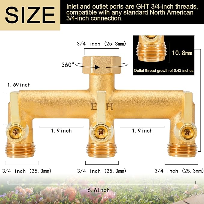 EBH Brass Garden Hose Splitter 3 Way Outdoor Faucet Splitter 3 Long Metal Handle and Individual On/Off Valve GHT 3/4-Inch Heavy Duty Hex Female Inlet and 3/4-Inch Male Outlet