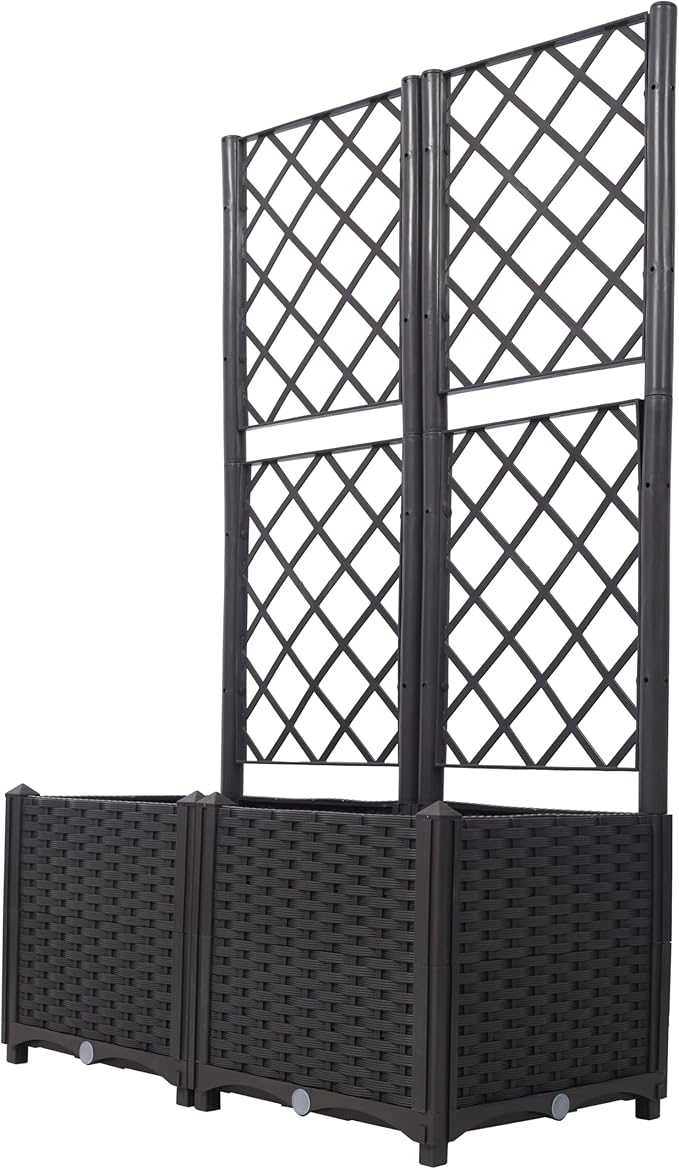 2PCS Poly Rattan Brown Trellis Raised Bed31.5 x 15.7 x 53.5 Outdoor Raised Garden Bed with Drainage HolesFree-Standing Trellis Planter Box for Vine Climbing Plants Flowers in GardenPatioBalcony