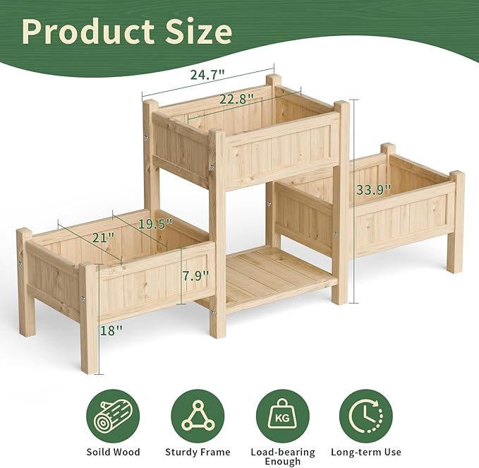 Wooden Raised Garden Bed with Legs &amp Storage Shelf 3 Tier Outdoor Elevated Planter Box for Patios/Herbs/Flowers/Vegetables Easy Assembly Natural