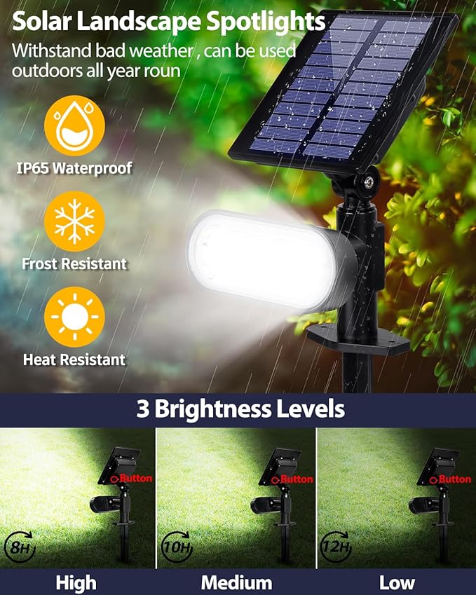 Solar Spot Lights Outdoor 3 Lighting Modes Landscape Spotlights IP65 Waterproof Solar Powered Outdoor Lights for Outside Garden Yard Pathway Cool White 2 Pack