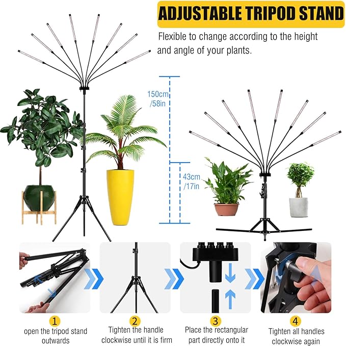 [8 in 1] LED Grow Light for Indoor Plants Full Spectrum Plant Lights for Indoor Growing with Tripod Stand Auto On/Off Timing 4/8/12H Plant Growing Lamps for All Indoor Plants.