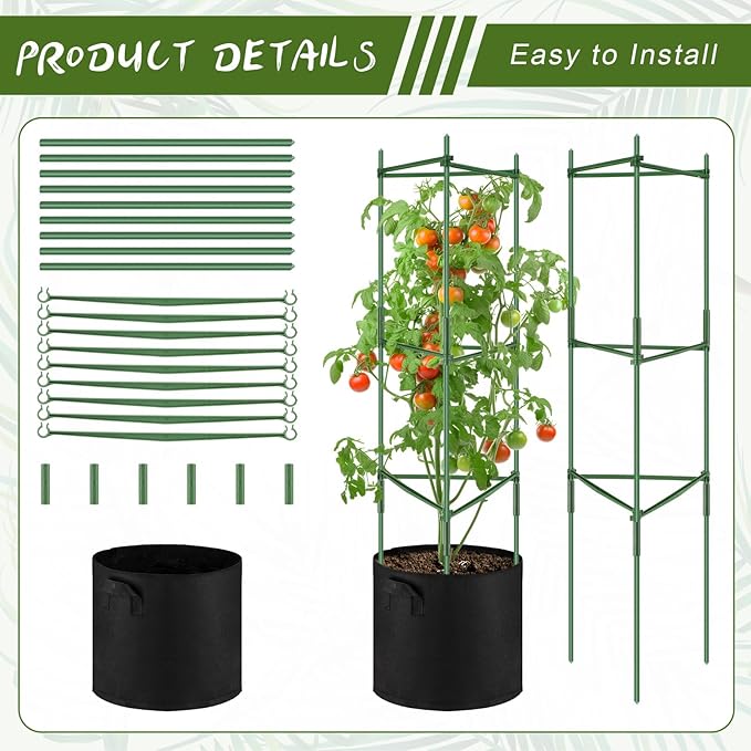 2 Pack 47 Tomato Cages with 10 Gallon Grow Bag Adjustable Tomato Cages for Garden Trellis Pots for Potted Plants Vertical Climbing Vegetables Outdoor Indoor