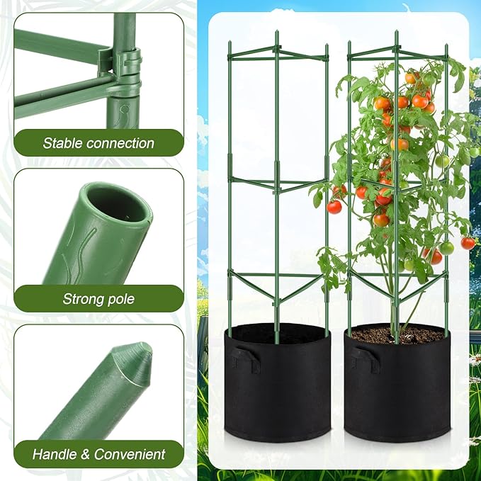 2 Pack 47 Tomato Cages with 10 Gallon Grow Bag Adjustable Tomato Cages for Garden Trellis Pots for Potted Plants Vertical Climbing Vegetables Outdoor Indoor