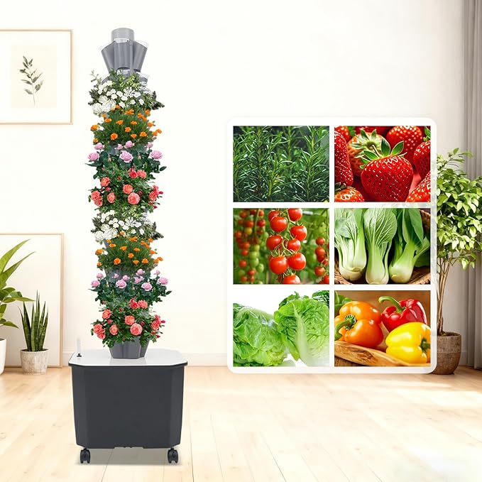 Hydroponic Growing System Kit Aeroponic Tower 50 Hole Garden Vertical Vegetable Planting System with Pump&ampTimer and Mobile 11.89Gal Water Tank (Grey)