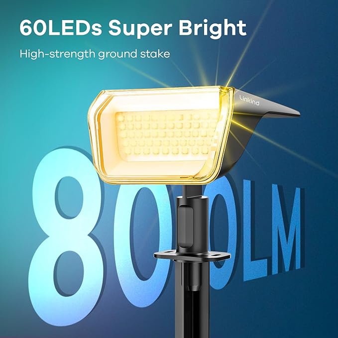 Linkind Solar Spot Lights Outdoor Waterproof IP67 60 LED Solar Flood Lights 30% High Conversion Landscape Lighting for Garden Yard Pathway (6 Pack Warm White)
