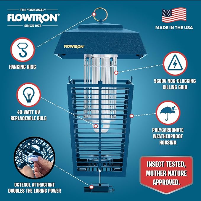 Flowtron Bug Zapper 1 Acre of Outdoor Coverage with Powerful 40W Bulb &amp 5600V Instant Killing Grid Electric Insect Fly &amp Mosquito Zapper Made in The USA - Blue Color