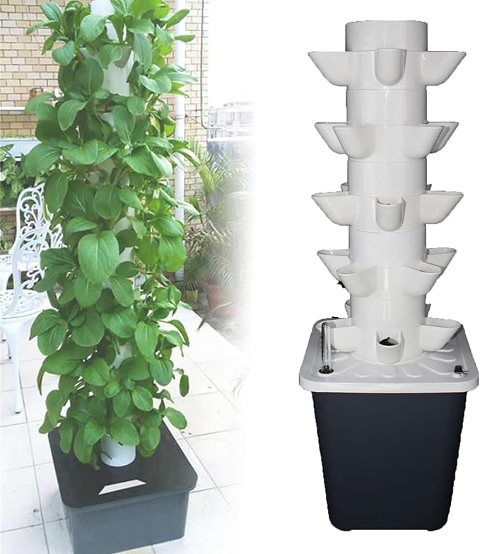 Vertical Hydroponic Tower Growing System KitHydroponics Tower System Hydroponic Tower Garden Irrigation Pump And Movable Water Tank For Indoor And Outdoor Herbs Fruits And(Size:5 Layers 25 Holes)