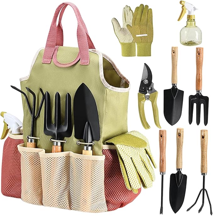 Garden Tool Sets Gardening Tool Kit - 9-Piece Heavy Duty Garden Sets with Ergonomic Non-Slip Grips Rust-Resistant Shovel Trowel Rake Pruner