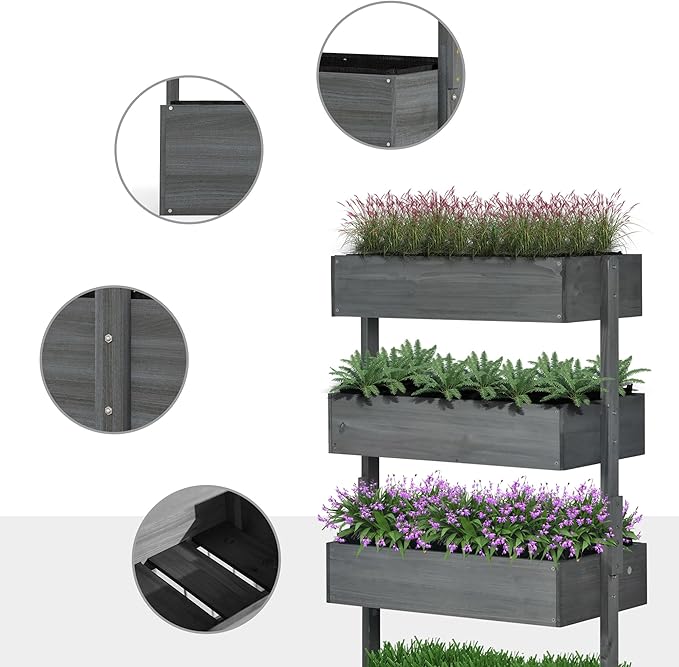 Outsunny Vertical 4 Tier Raised Garden Bed Wooden Planter Box Self-Draining with Bed Liner for Indoor Outdoor Flowers Vegetables and Herbs Gray