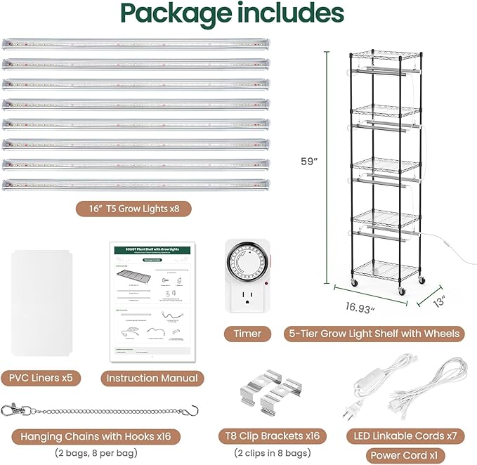 SOLIGT Plant Shelf with Grow Lights 5 Tier Grow Light Stand Rack with 8 Pack 16“ 6000K T5 Full Spectrum Led Grow Lights for Indoor Plants Seed Starting Seedling Growing Timer Included