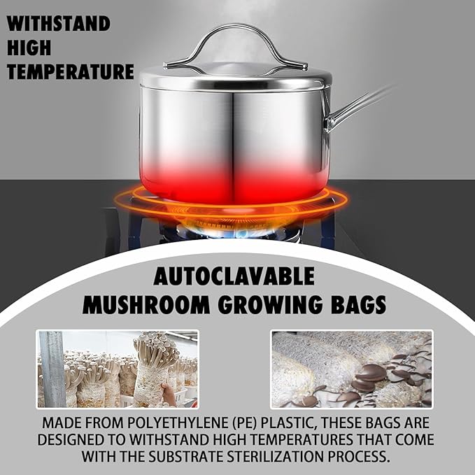 TonGass 60-Pack Autoclavable Mushroom Grow Bags Bulk with Microporous Filter Patchs - Large 6x5x20 Extra Thick 80 Micron (=3 Mil)| Mushroom Cultivation Spawn Supply Myco Bag Bulk Substrate Bags