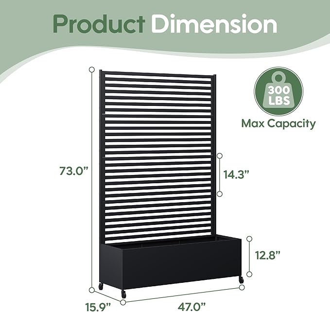Metal Planter Box with Trellis Privacy Screen Raised Garden Bed with Trellis &amp Wheels Privacy Planters for Patio Planter Box with Drainage Holes for Climbing Plants 73x 47x 16 Black