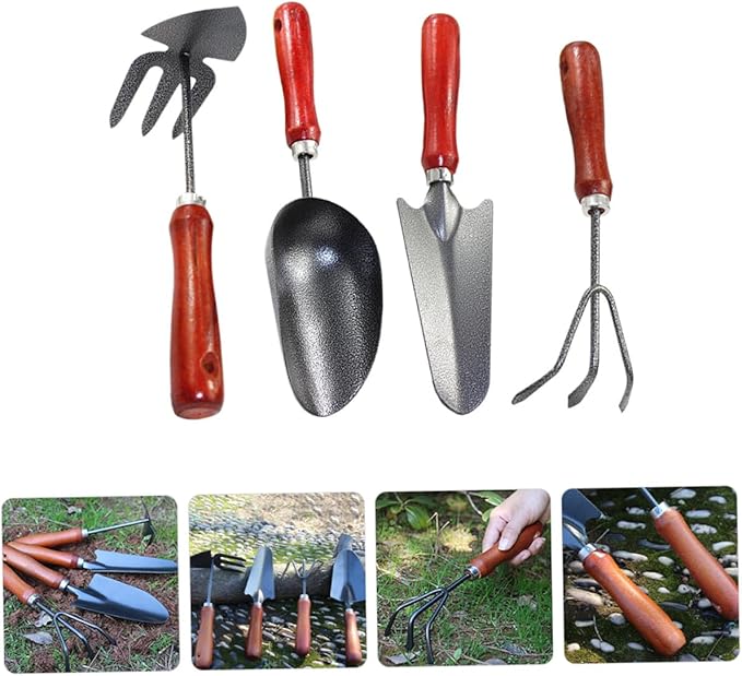 4pcs Mini Garden Tool Set with Small Metal Shovel Hand Trowel Dual-use Cultivator Rake and Narrow Extended Spade for Flower Planting and Vegetable Gardening