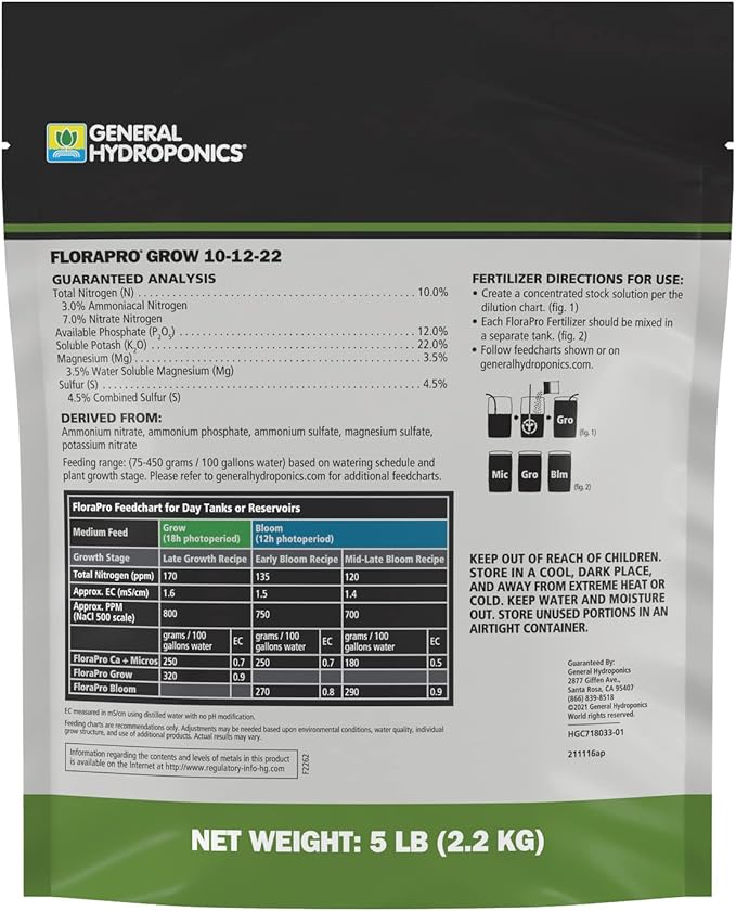 General Hydroponics FloraPro Grow 10-12-22 Nutrient for Commercial Cultivation 5 lbs.