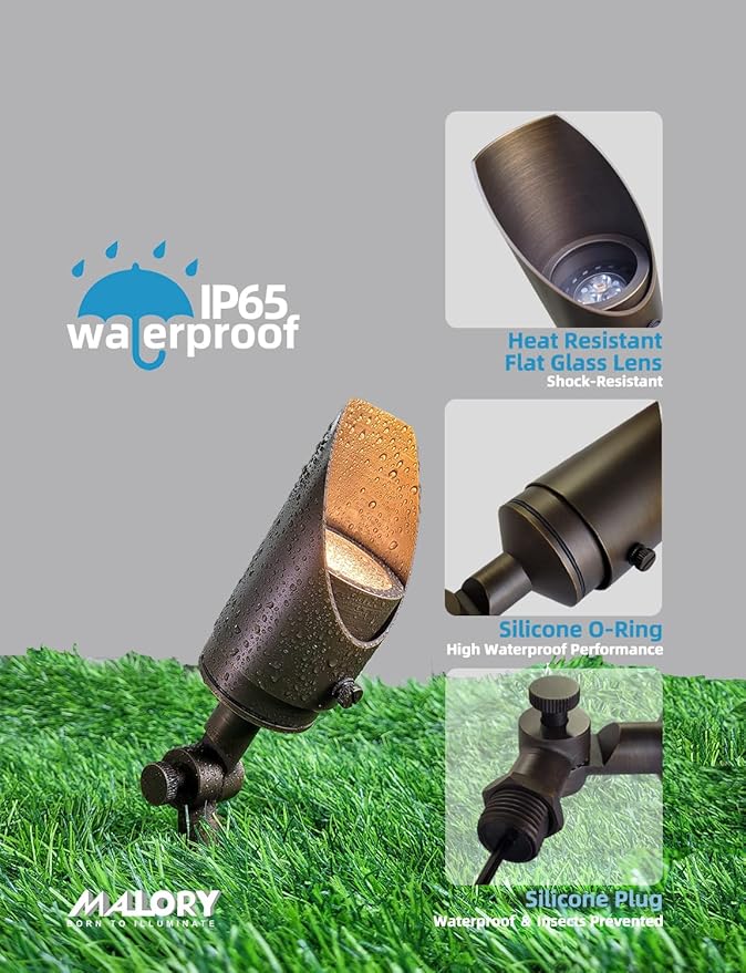 MALORY Brass Landscape Spotlight 6-Pack with MR16 Bulb Kit(S04) Low Voltage 12V AC/DC Shroud Adjustable Outside Yard LightsPVC Ground Stake and Wire Connector Included 5W 2700K Warm White