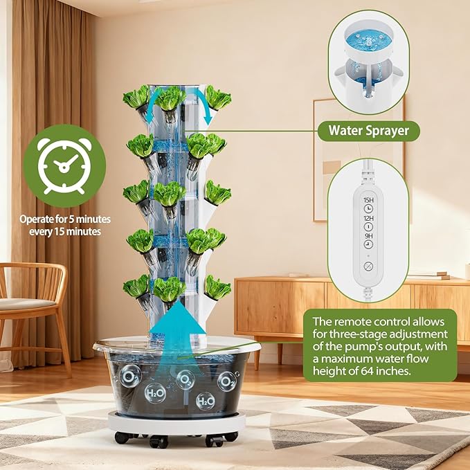 SPECILITE Hydroponics Growing System Kit Movable Hydroponic Tower with 5 Tiers 20 Pods Vertical Indoor &amp Outdoor Gardening System with Pump &amp Timer for Vegetables Fruits Herb