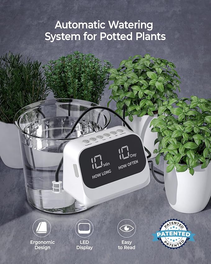 Automatic Watering System for Potted Plants Plant Waterer DIY Drip Irrigation Kit with Smart Timer Waterproof LED Display &amp Large Capacity Battery Precise Distribution of Water (White)