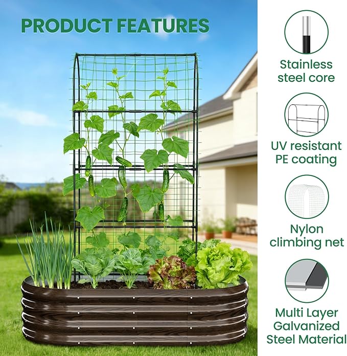 SUNYRISY 2Pack Galvanized Raised Garden Bed with 71in Arch Trellis for Climbing Plants Outdoor Planter Box with Climbing Net for Gardening Flowers Vegetables Fruits Herbs Wood Grain