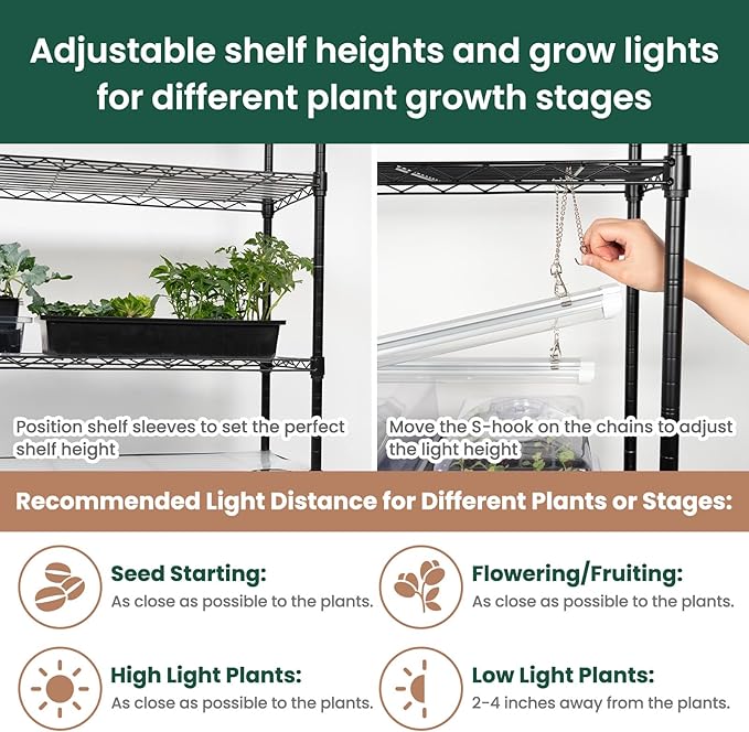 SOLIGT Plant Shelf with Grow Lights 5 Tier Grow Light Stand Rack with 8 Pack 16“ 6000K T5 Full Spectrum Led Grow Lights for Indoor Plants Seed Starting Seedling Growing Timer Included