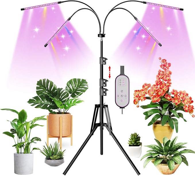 Grow Light with Stand for Indoor Plants Full Spectrum Upgrade 4-Head Plant Lights Grow Lamps Auto ON/Off Growing Light with 4/8/12H Timer Tripod Adjustable 15-60inch