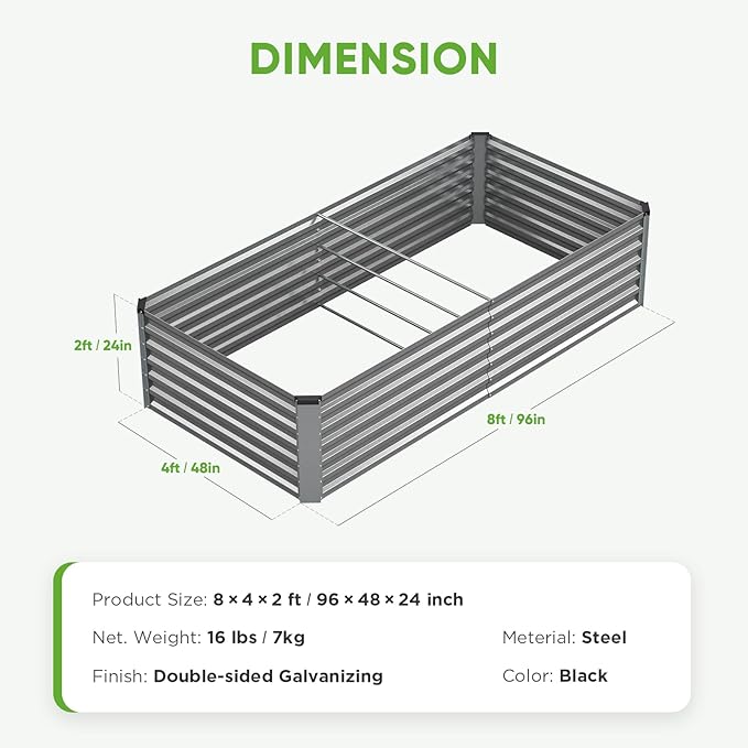 Galvanized Raised Garden Bed Outdoor 8x4x2ft Large Raised Bed for Gardening Metal Planter Box for Vegetables Fruits Flowers and Herb Easy Assembly Food Grade Materials Silver