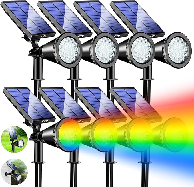 KEV 800 Lumens Solar Spot Lights Outdoor8 Pack 18 LEDs Solar Flood Lights with 2 Modes &ampAdjustable &ampIPX65 WaterproofSolar Spotlight for Driveway/Backyard/Patio Landscape/Tree/Garage